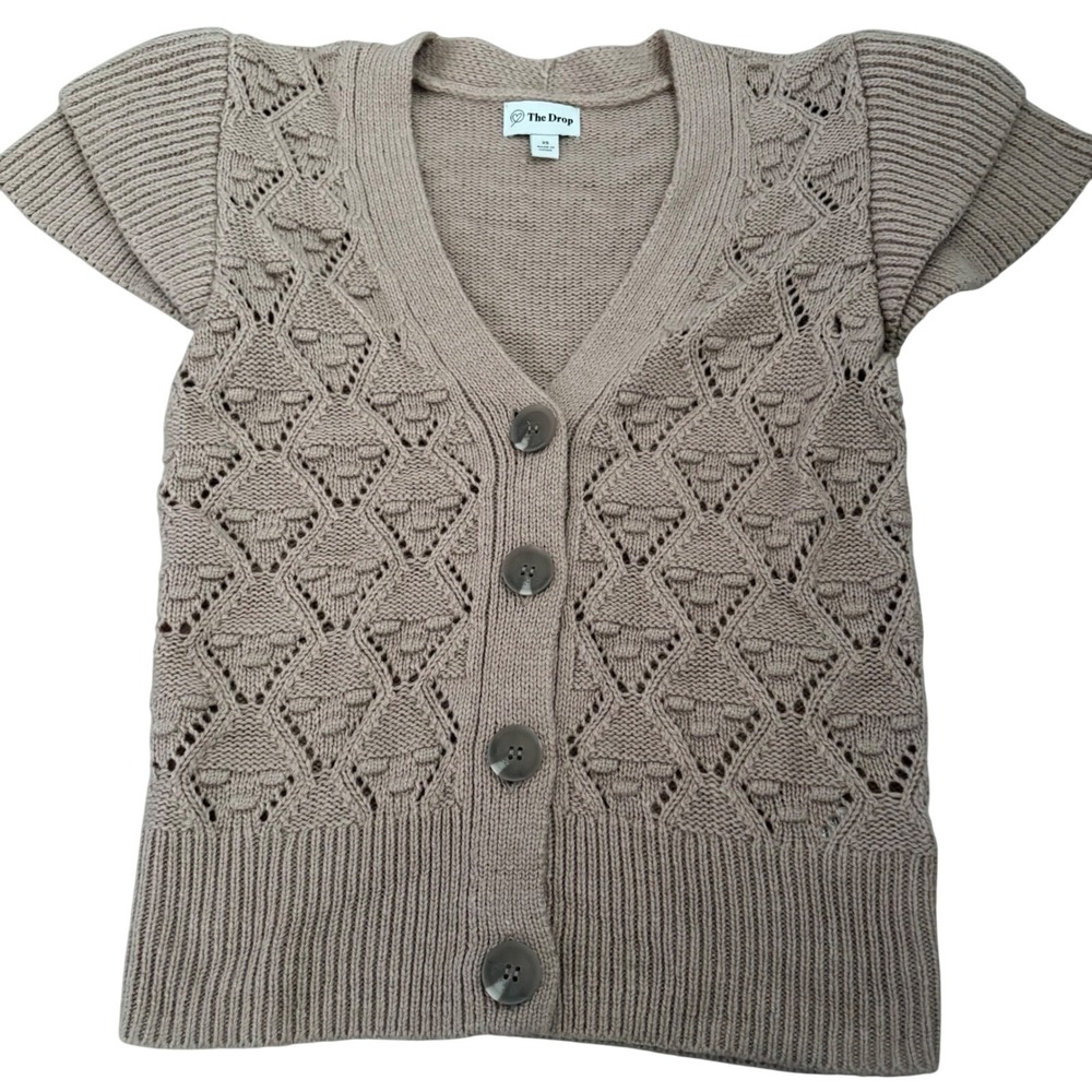 The Drop Womens Mushroom Taupe Pointelle Flutter Sleeve Cardigan Sweater XS